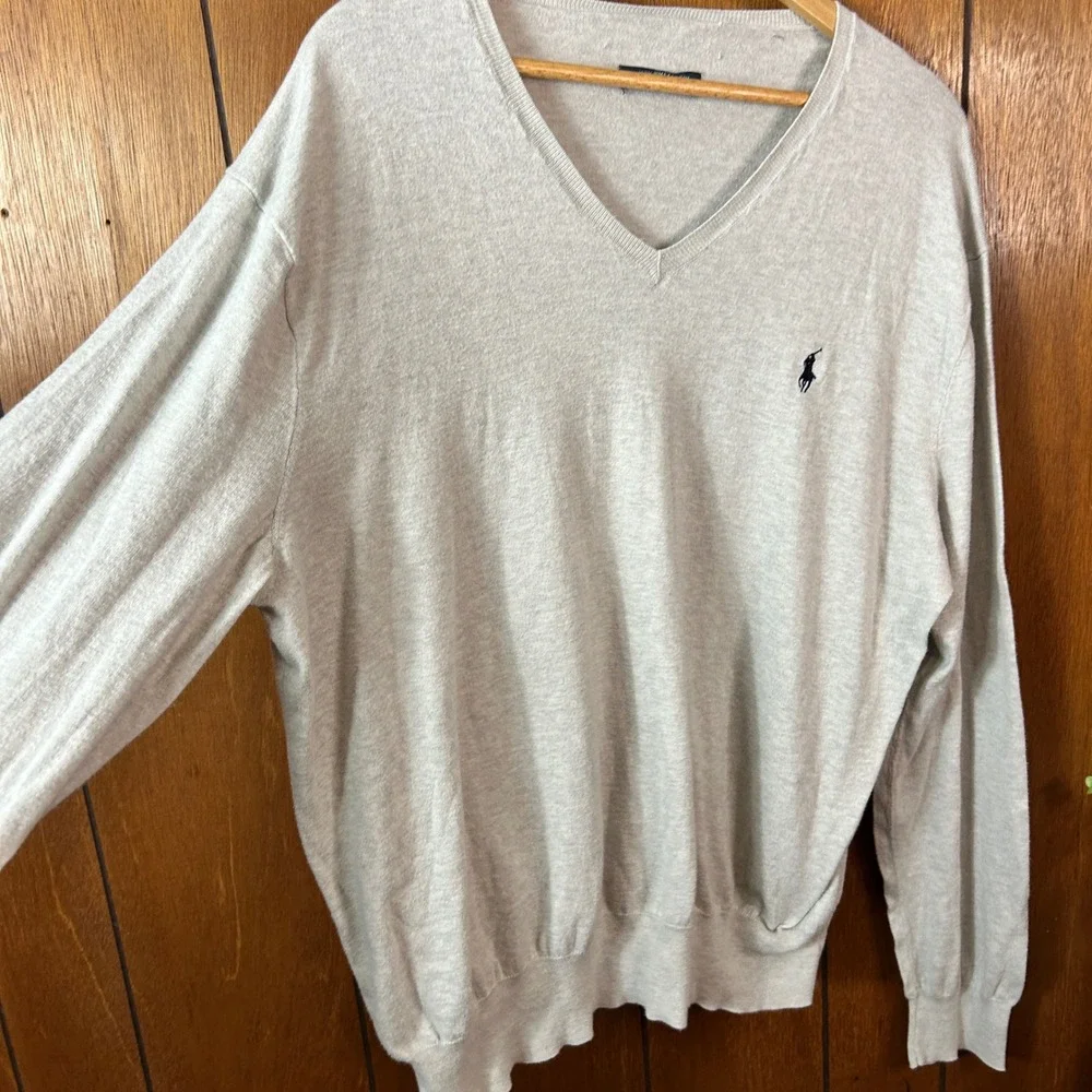 Polo‎ Ralph Lauren Mens V Neck Sweater Light Gray 100% Pima Cotton Preppy